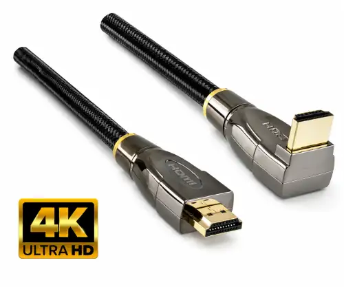 Premium HDMI kabelis, no kontaktdakšas uz kontaktdakšu 90°, DINIC Dubai Range, melns, garums 2,00 m, blistera iepakojumā